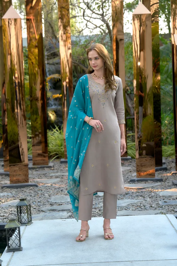 Taupe_Viscose_Kurta,_Pant_&_Dupatta_Set_For_Women_&_Girls