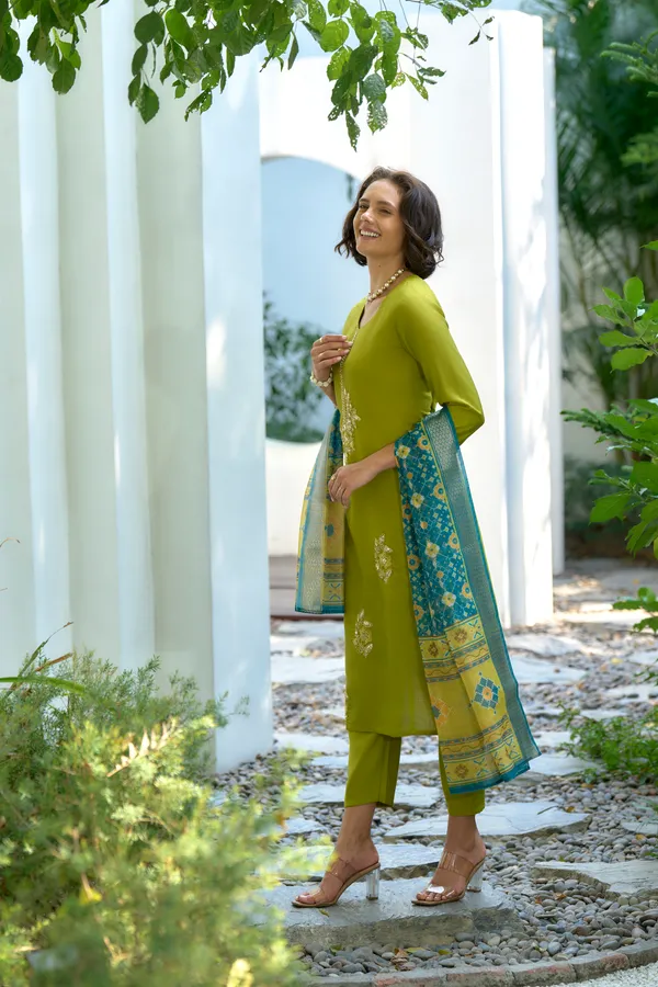 Lime_Viscose_Kurta,_Pant_&_Dupatta_Set_For_Women_&_Girls