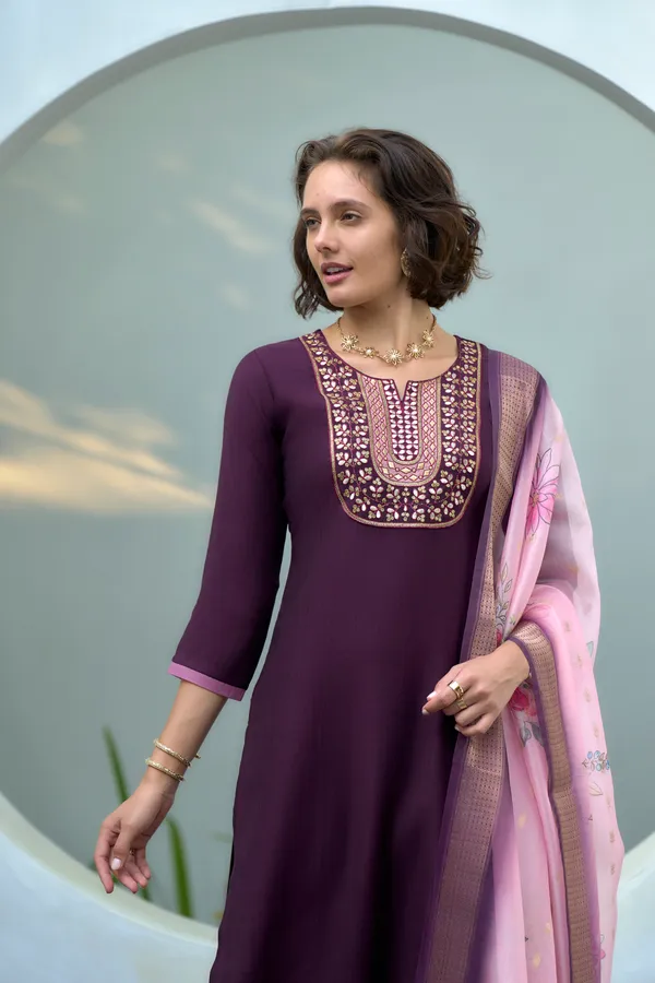 Wine_Viscose_Kurta,_Pant_&_Dupatta_Set_For_Women_&_Girls