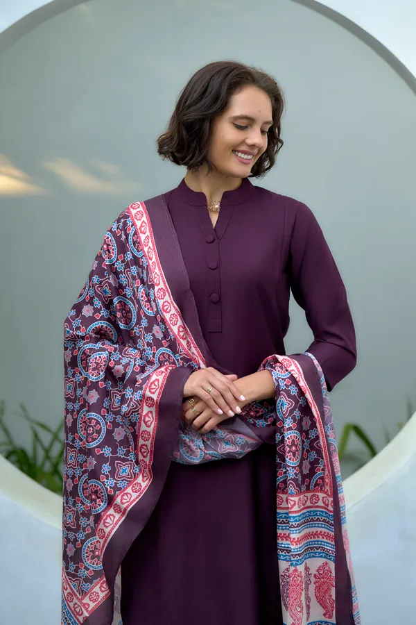 Wine_Viscose_Kurta,_Pant_&_Dupatta_Set_For_Women_&_Girls