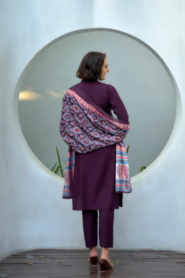 Wine_Viscose_Kurta,_Pant_&_Dupatta_Set_For_Women_&_Girls