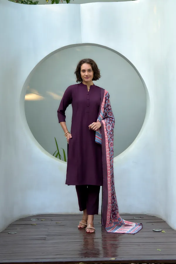 Wine_Viscose_Kurta,_Pant_&_Dupatta_Set_For_Women_&_Girls