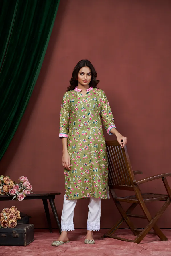 Green_Cotton_Linen_Stylish_Handworked_Kurta_For_Women_&_Girls