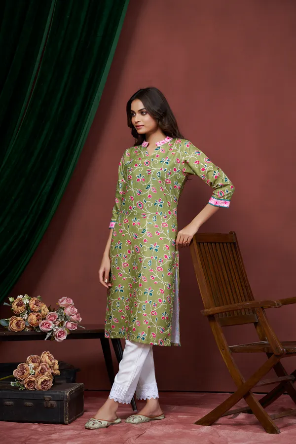 Green_Cotton_Linen_Stylish_Handworked_Kurta_For_Women_&_Girls