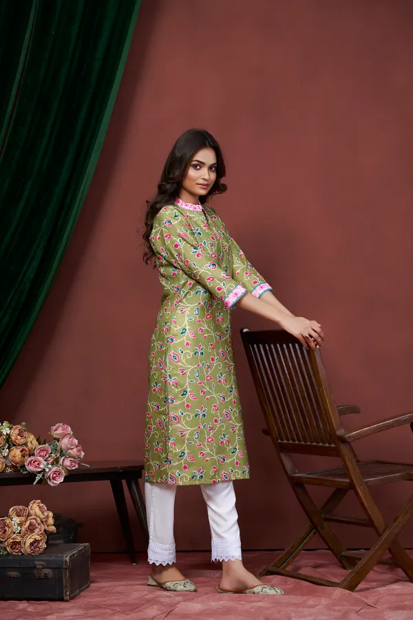 Green_Cotton_Linen_Stylish_Handworked_Kurta_For_Women_&_Girls