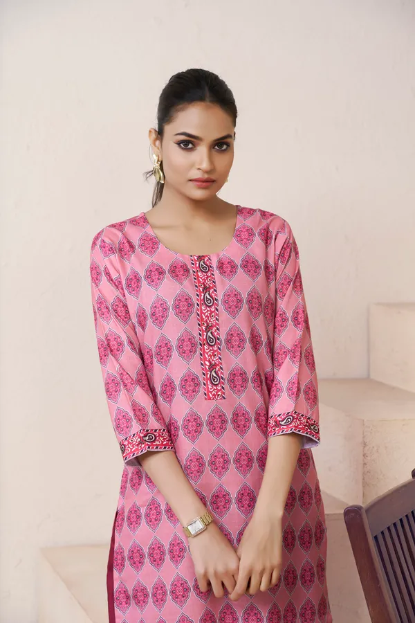 Pink_Cotton_Linen_Stylish_Handworked_Kurta_For_Women_&_Girls
