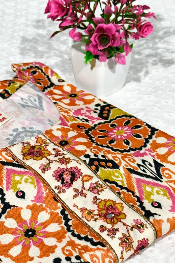 Orange_Cotton_Linen_Stylish_Handworked_Kurta_For_Women_&_Girls