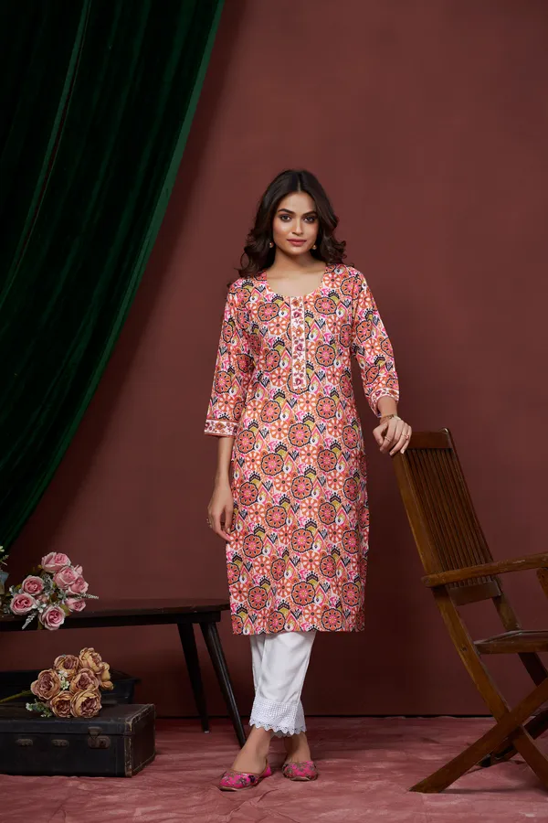 Orange_Cotton_Linen_Stylish_Handworked_Kurta_For_Women_&_Girls