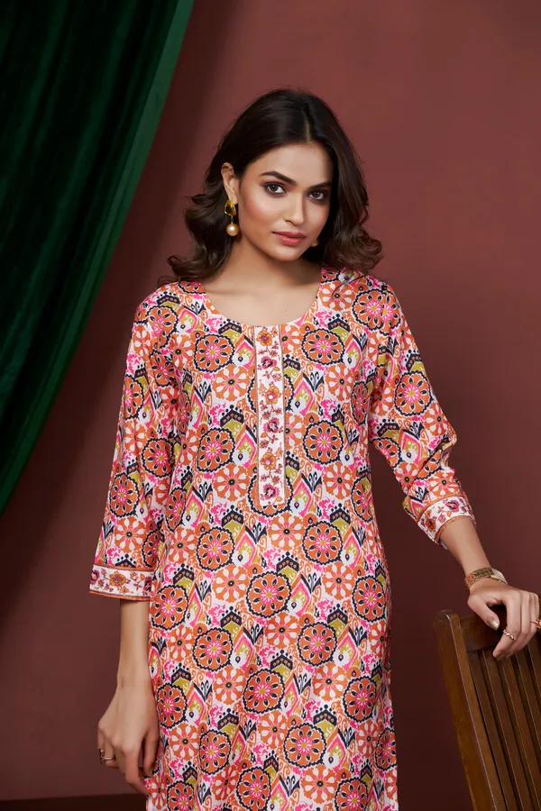 Orange_Cotton_Linen_Stylish_Handworked_Kurta_For_Women_&_Girls