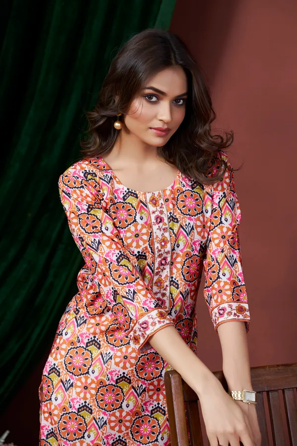 Orange_Cotton_Linen_Stylish_Handworked_Kurta_For_Women_&_Girls