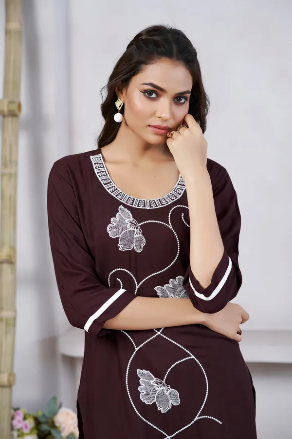 Brown_Viscose_Rayon_Embroidery_Kurta_For_Women_&_Girls