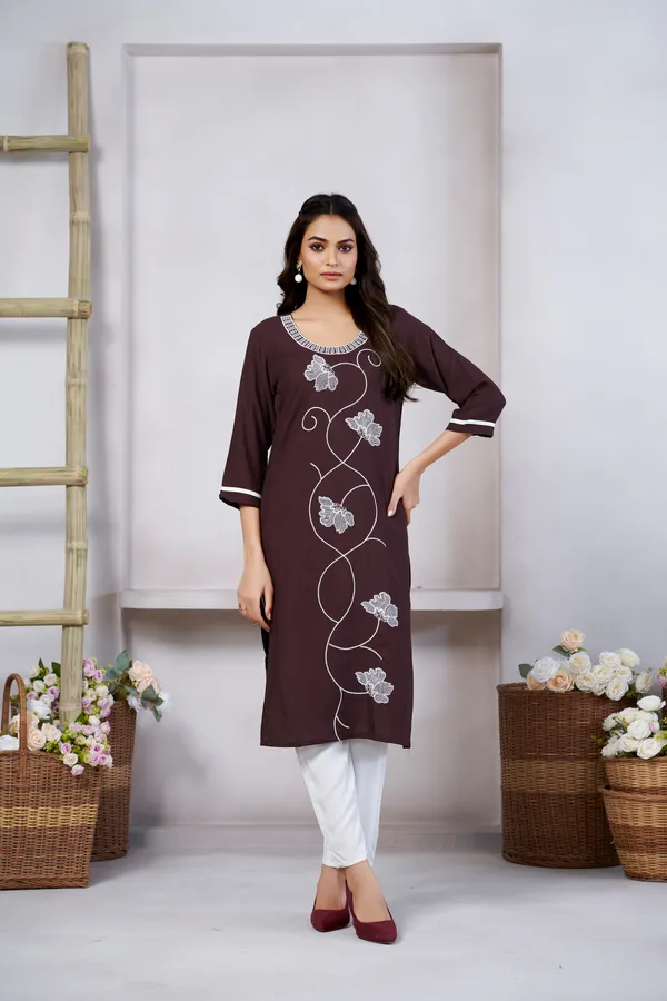 Brown_Viscose_Rayon_Embroidery_Kurta_For_Women_&_Girls