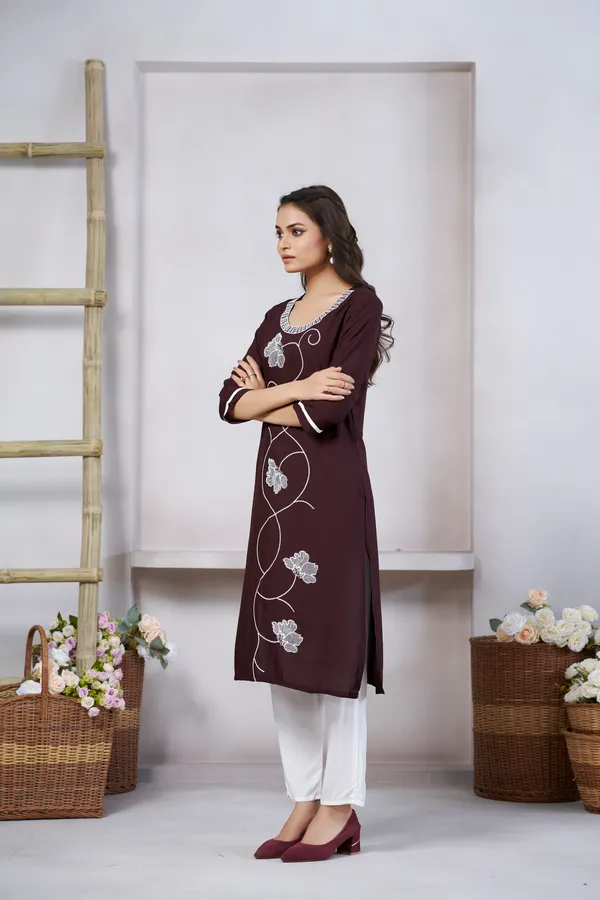 Brown_Viscose_Rayon_Embroidery_Kurta_For_Women_&_Girls
