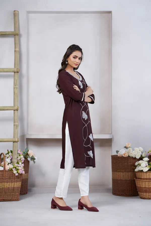 Brown_Viscose_Rayon_Embroidery_Kurta_For_Women_&_Girls