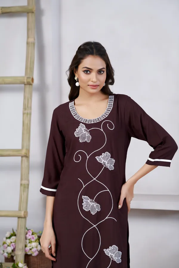 Brown_Viscose_Rayon_Embroidery_Kurta_For_Women_&_Girls