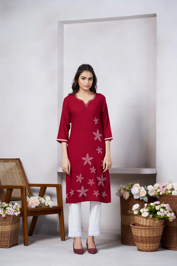 Maroon_Viscose_Rayon_Embroidery_Kurta_For_Women_&_Girls