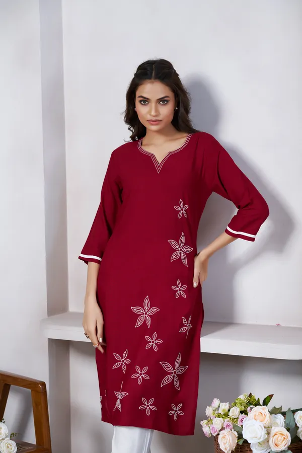 Maroon_Viscose_Rayon_Embroidery_Kurta_For_Women_&_Girls