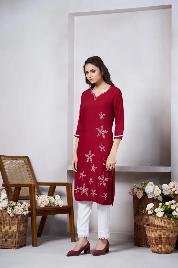 Maroon_Viscose_Rayon_Embroidery_Kurta_For_Women_&_Girls