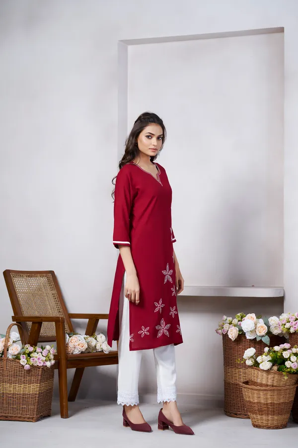 Maroon_Viscose_Rayon_Embroidery_Kurta_For_Women_&_Girls