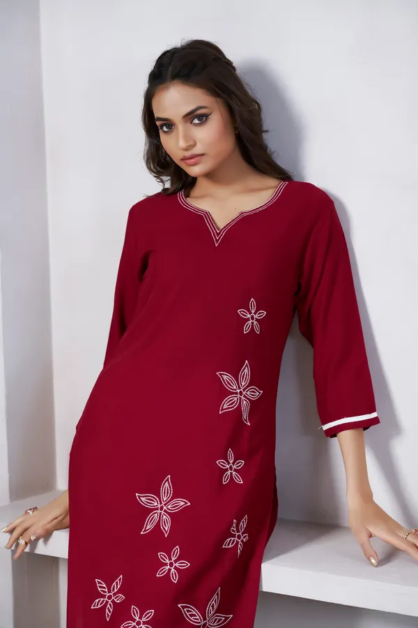 Maroon_Viscose_Rayon_Embroidery_Kurta_For_Women_&_Girls