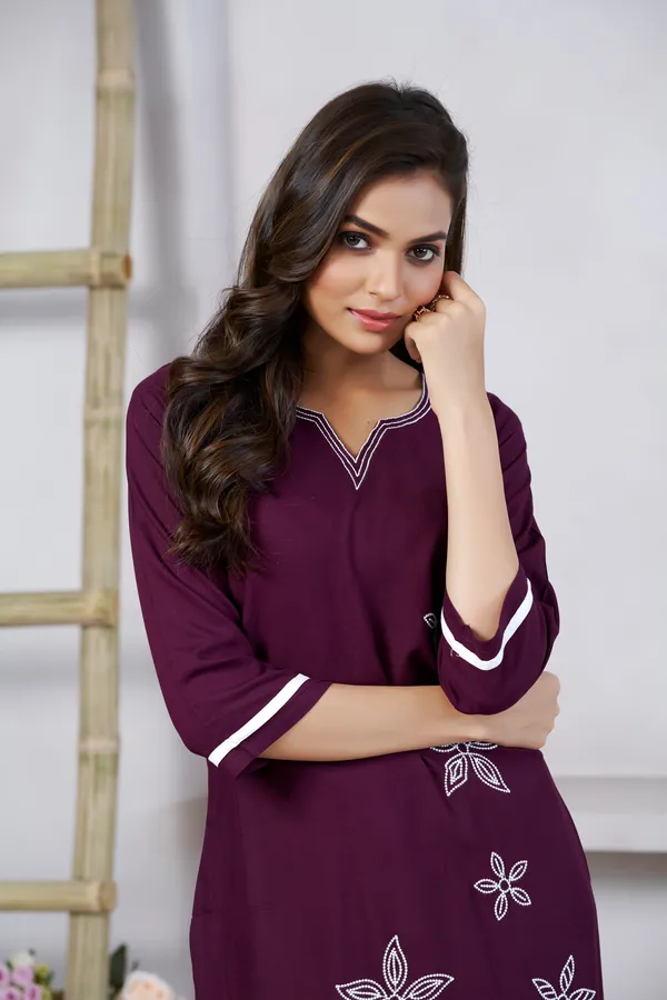 Wine_Viscose_Rayon_Embroidery_Kurta_For_Women_&_Girls
