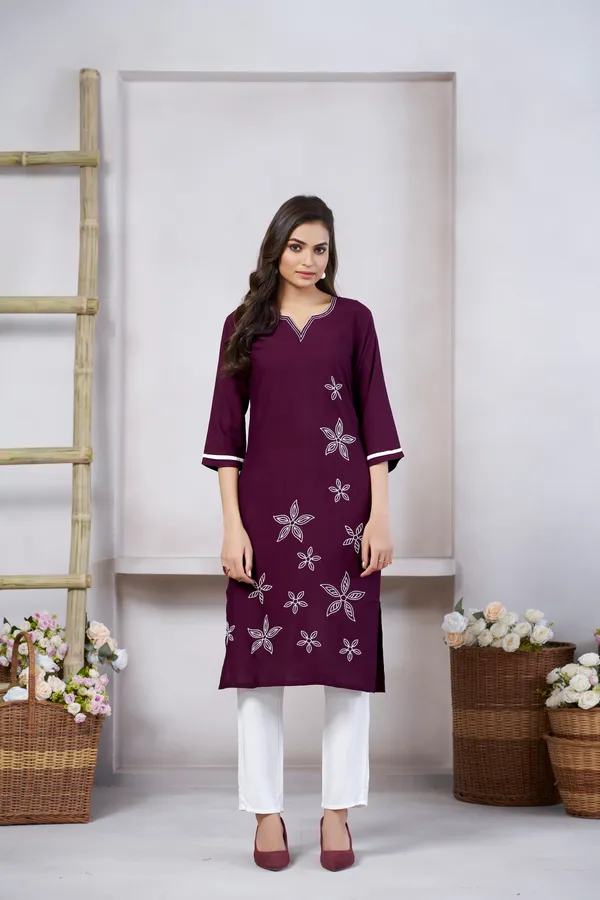 Wine_Viscose_Rayon_Embroidery_Kurta_For_Women_&_Girls