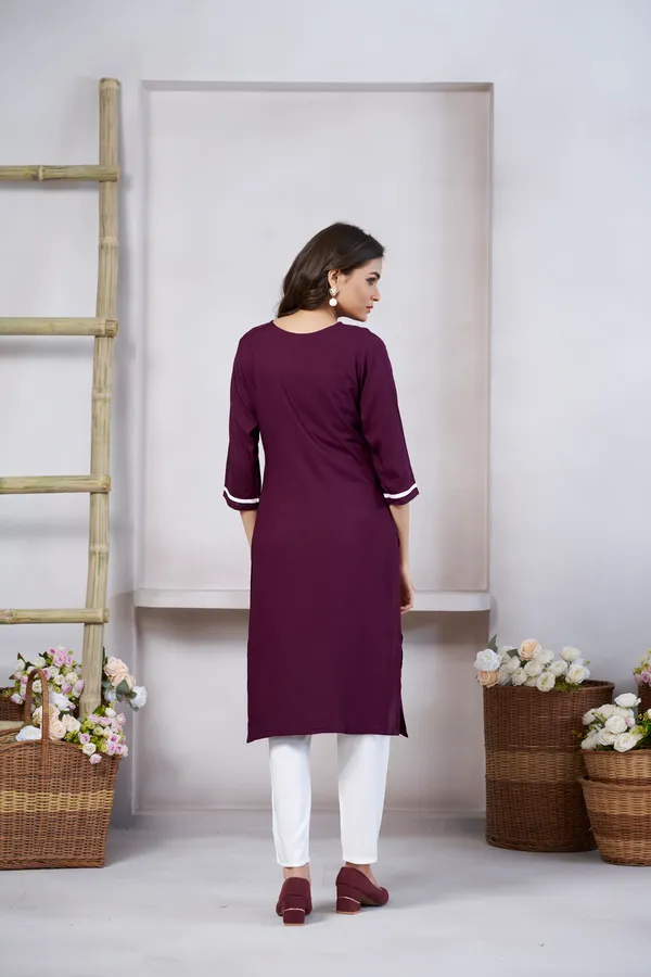 Wine_Viscose_Rayon_Embroidery_Kurta_For_Women_&_Girls