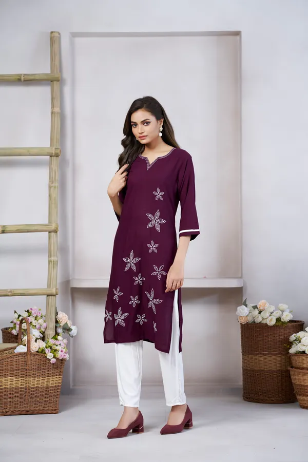 Wine_Viscose_Rayon_Embroidery_Kurta_For_Women_&_Girls