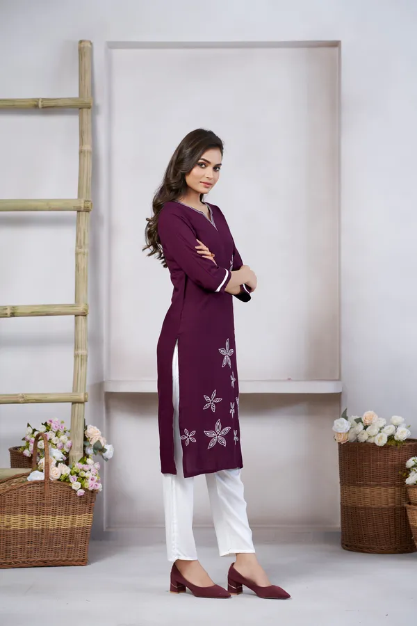 Wine_Viscose_Rayon_Embroidery_Kurta_For_Women_&_Girls