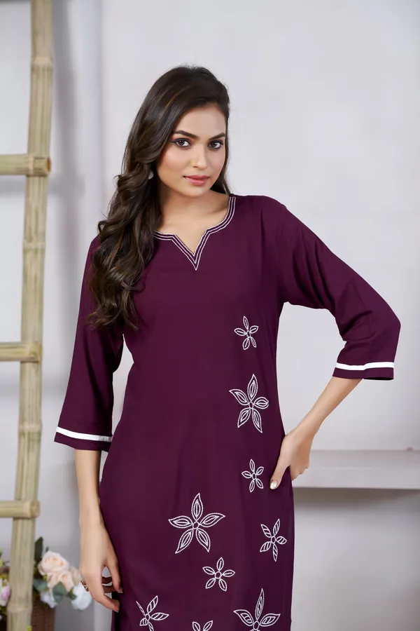Wine_Viscose_Rayon_Embroidery_Kurta_For_Women_&_Girls