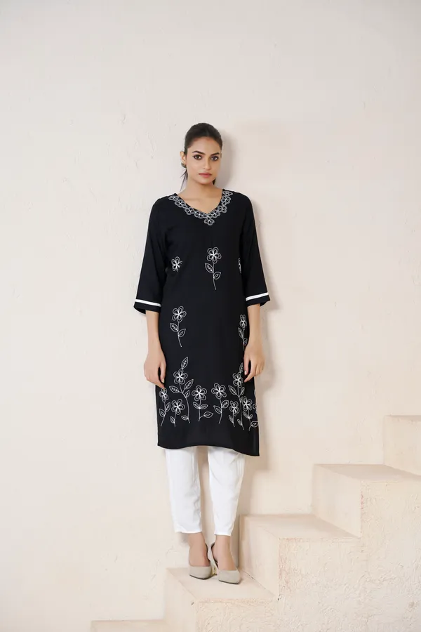 Black_Viscose_Rayon_Embroidery_Kurta_For_Women_&_Girls