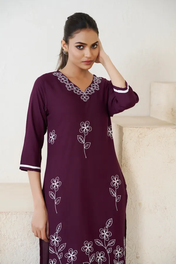 Wine_Viscose_Rayon_Embroidery_Kurta_For_Women_&_Girls