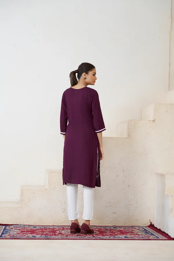 Wine_Viscose_Rayon_Embroidery_Kurta_For_Women_&_Girls
