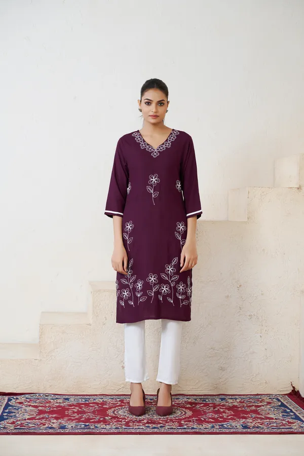 Wine_Viscose_Rayon_Embroidery_Kurta_For_Women_&_Girls