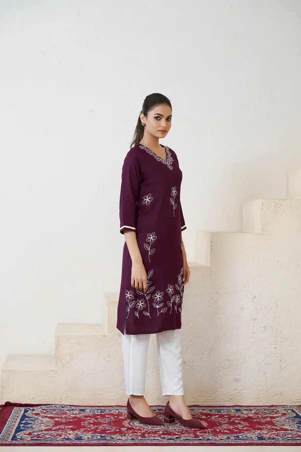 Wine_Viscose_Rayon_Embroidery_Kurta_For_Women_&_Girls