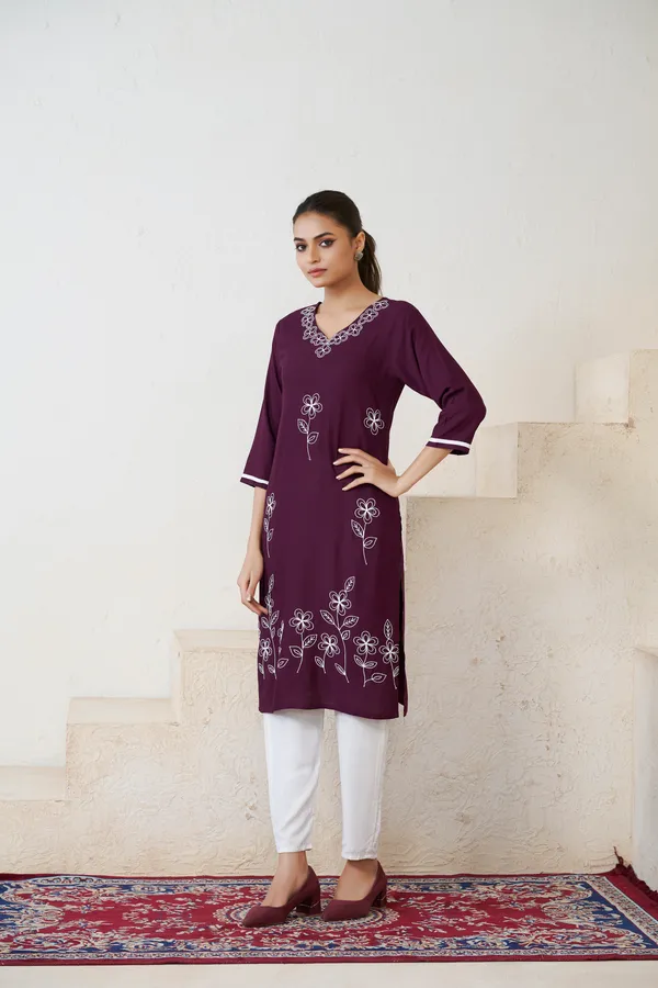Wine_Viscose_Rayon_Embroidery_Kurta_For_Women_&_Girls