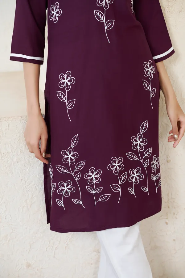 Wine_Viscose_Rayon_Embroidery_Kurta_For_Women_&_Girls