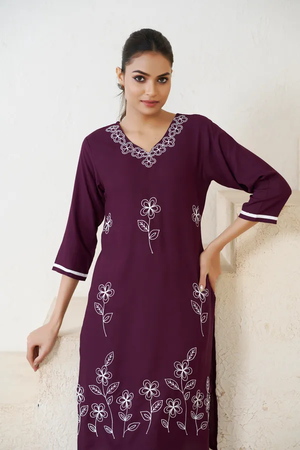Wine_Viscose_Rayon_Embroidery_Kurta_For_Women_&_Girls