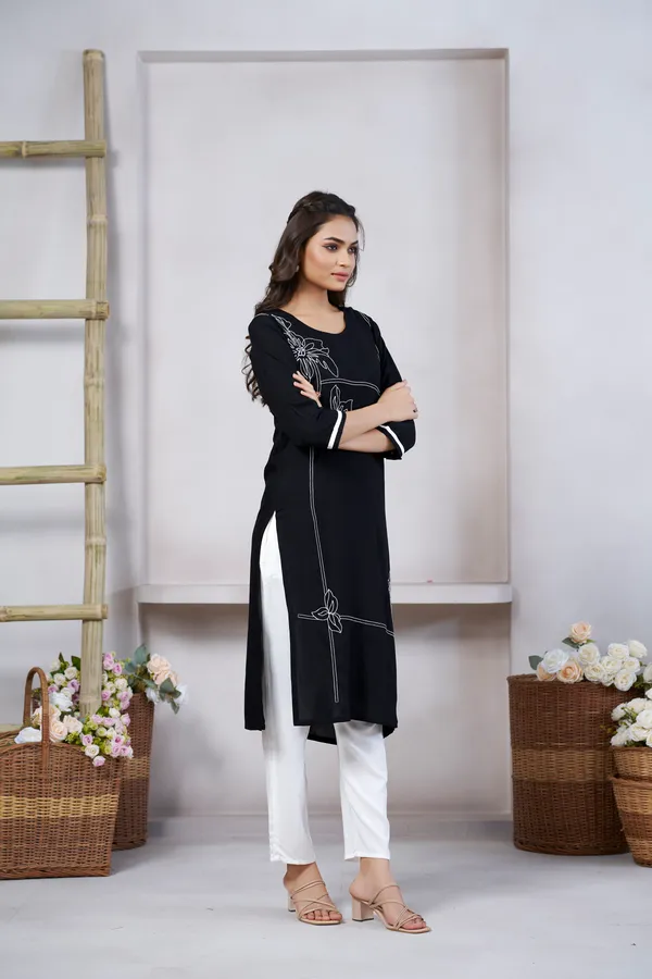 Black_Viscose_Rayon_Embroidery_Kurta_For_Women_&_Girls