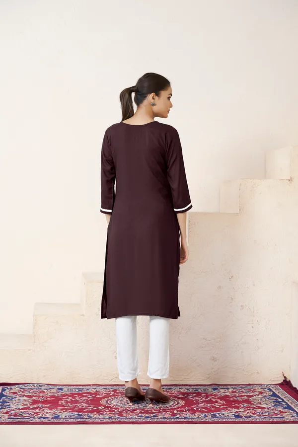 Brown_Viscose_Rayon_Embroidery_Kurta_For_Women_&_Girls