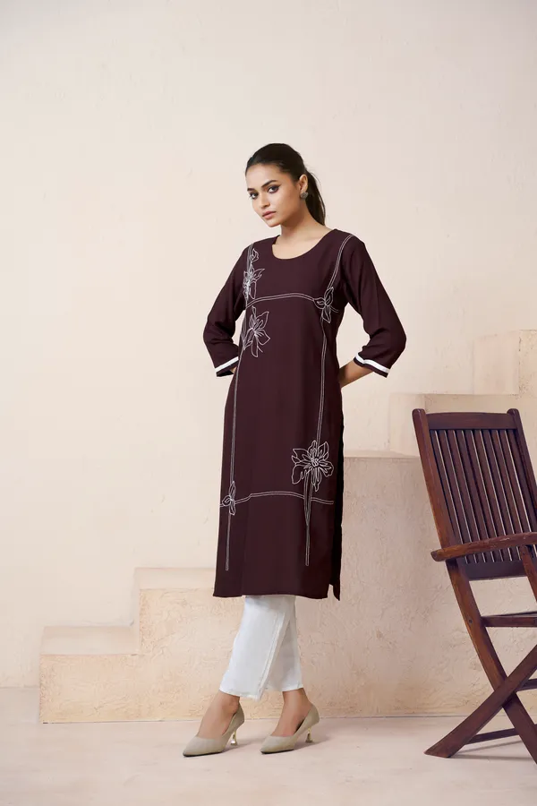 Brown_Viscose_Rayon_Embroidery_Kurta_For_Women_&_Girls