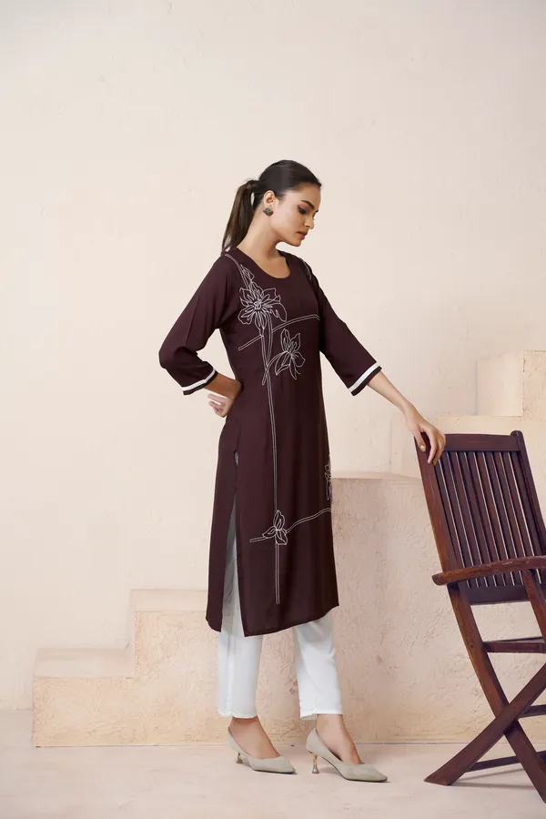 Brown_Viscose_Rayon_Embroidery_Kurta_For_Women_&_Girls