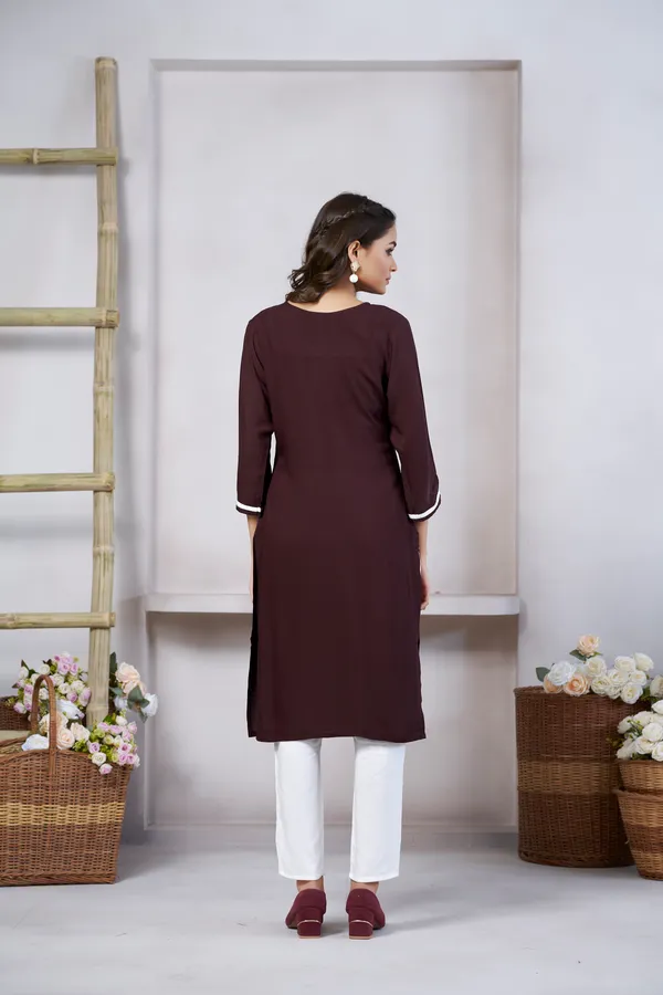 Brown_Viscose_Rayon_Embroidery_Kurta_For_Women_&_Girls