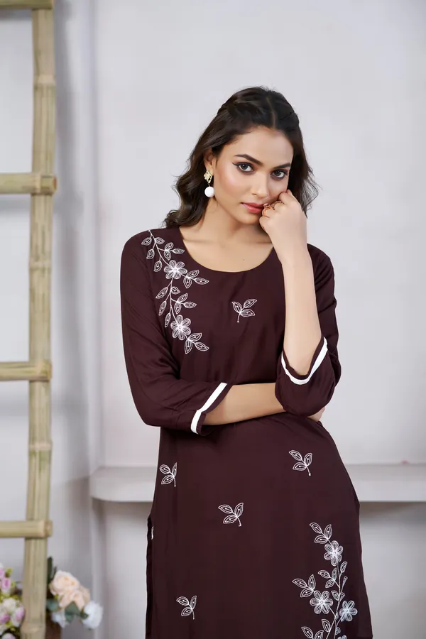 Brown_Viscose_Rayon_Embroidery_Kurta_For_Women_&_Girls