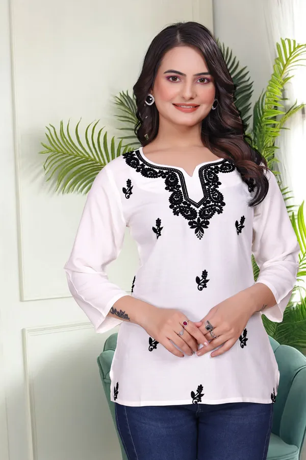 White_Chikankari_Dense_Floral_Embroidery_Tunic_For_Women_&_Girls