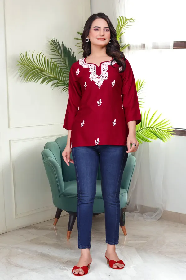 Maroon_Chikankari_Dense_Floral_Embroidery_Tunic_For_Women_&_Girls