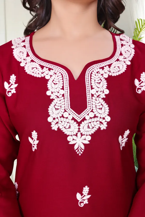 Maroon_Chikankari_Dense_Floral_Embroidery_Tunic_For_Women_&_Girls