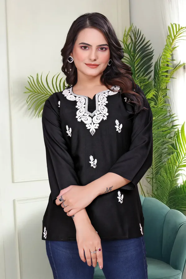 Black_Chikankari_Dense_Floral_Embroidery_Tunic_For_Women_&_Girls