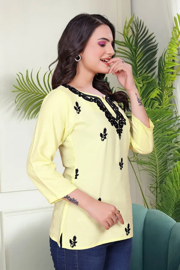 Yellow_Chikankari_Dense_Floral_Embroidery_Tunic_For_Women_&_Girls