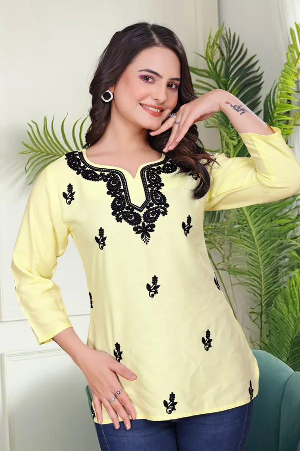 Yellow_Chikankari_Dense_Floral_Embroidery_Tunic_For_Women_&_Girls